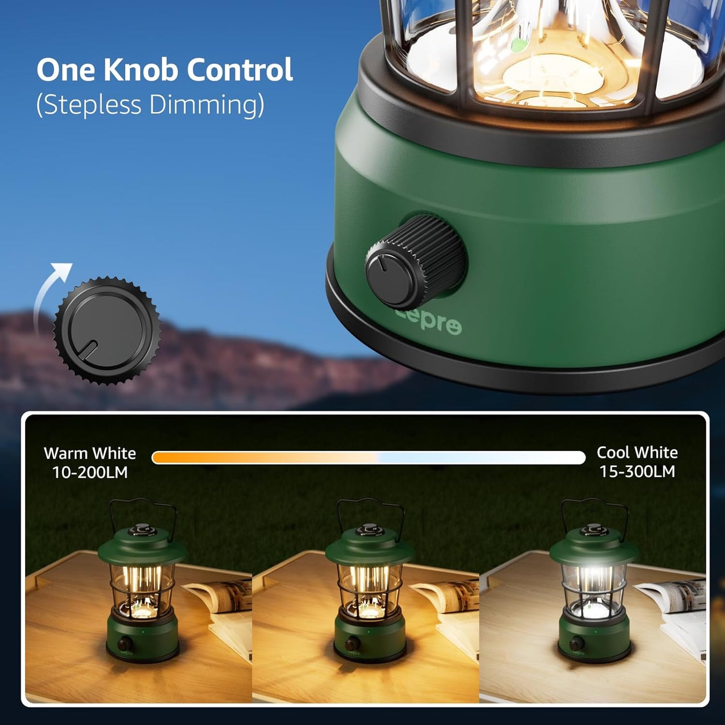 Lepro Rechargeable Camping Lantern, 300LM Retro Camping Tent Light with Knob Control, Dimmable Warm & Cool White, Type-C Charging, 3600mAh Portable Hanging Lamp for Power Cuts, Garden, Fishing, Green