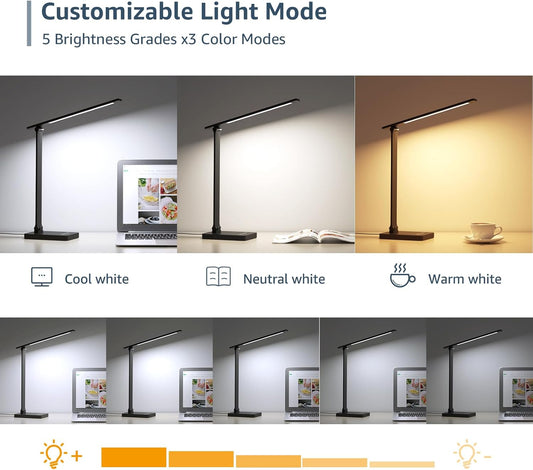 Lepro LED Desk Lamp, Desk Lamp with Power Adapter, 655lm, Desk Lamps Office with USB Charging Port, 5 Brightness Levels x 3 Colour Mode, Touch Control Daylight Lamp for Office, Nails, Study, Bedroom