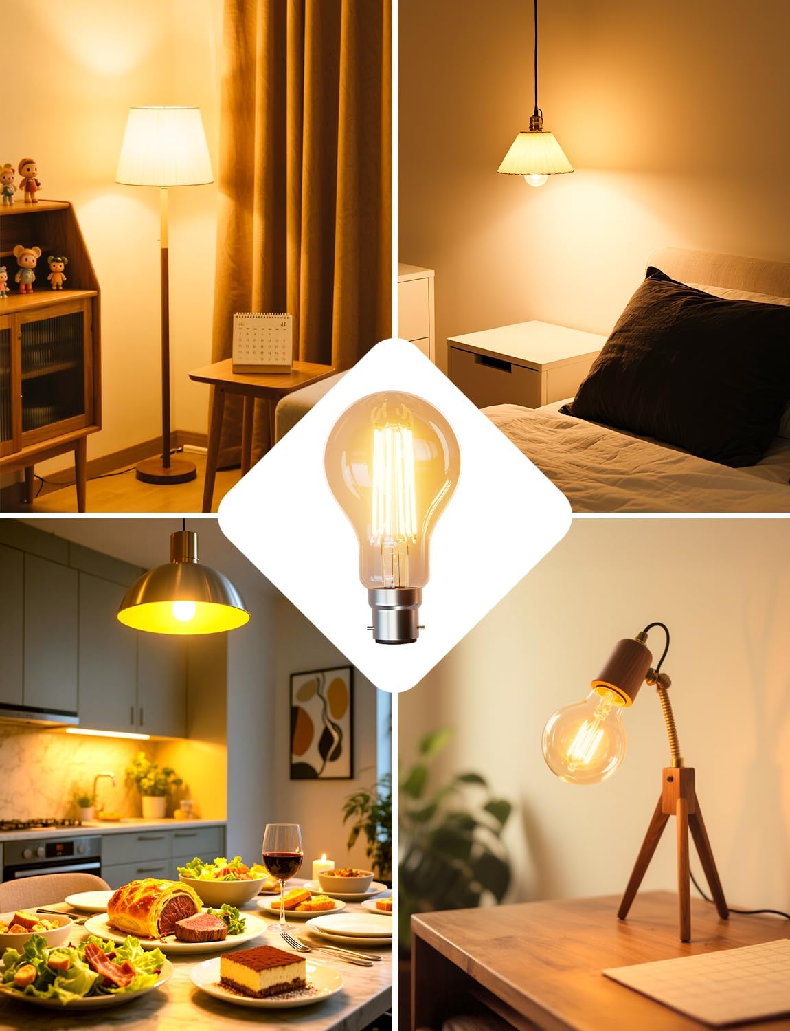 Lepro LED Light Bulbs Bayonet, Ultra Efficient A-Rated B22 Bulb, 7.2W = 100W, 1521lm, 2700K Warm White, 50000H Lifespan, Clear Filament, Glass,Non-dimmable, Pack of 4
