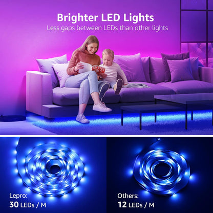 Lepro LED Strip Lights 5M Music Sync, 5050 RGB Colour Changing LED Strip with Remote, Sound Reactive, Dimmable Stick on Plug in LED Lights for Bedroom, Kitchen, Party, Teen Girl Kids Room Decor
