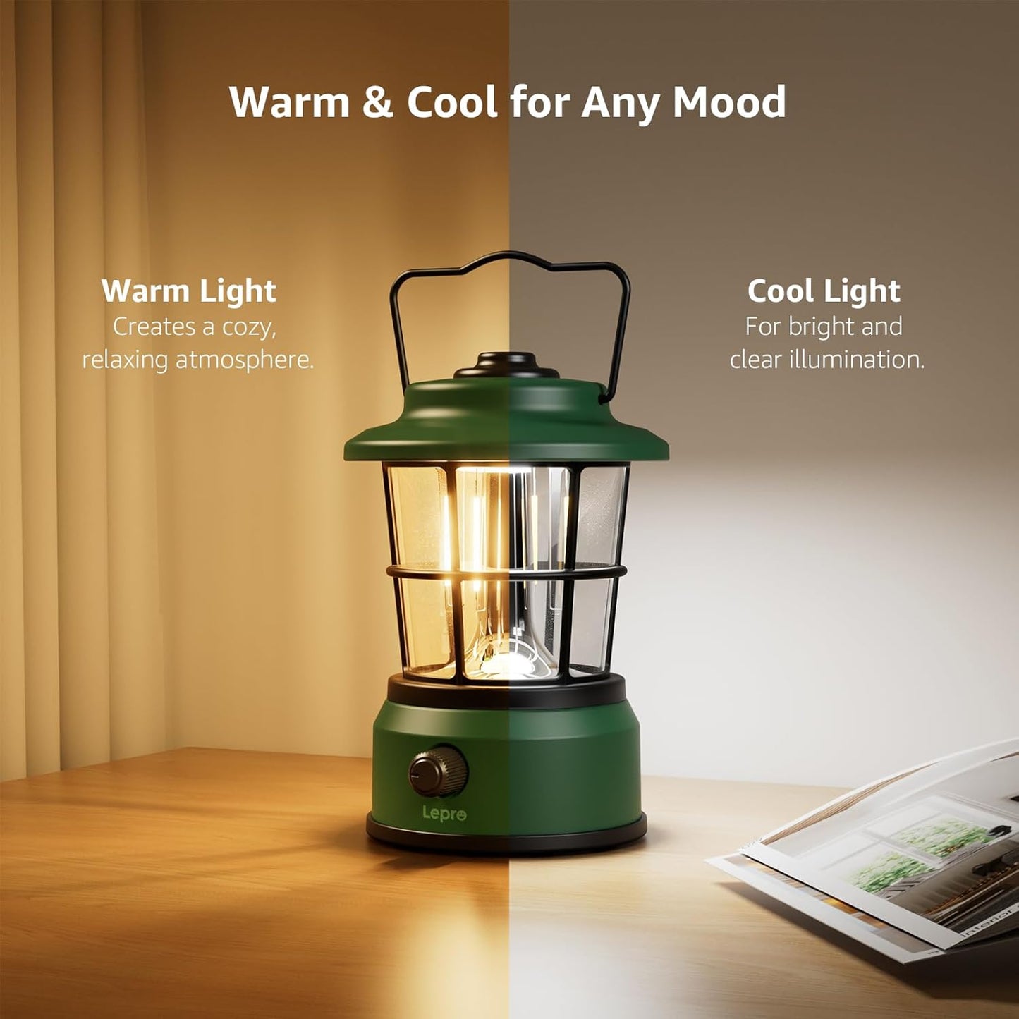 Lepro Rechargeable Camping Lantern, 300LM Retro Camping Tent Light with Knob Control, Dimmable Warm & Cool White, Type-C Charging, 3600mAh Portable Hanging Lamp for Power Cuts, Garden, Fishing, Green