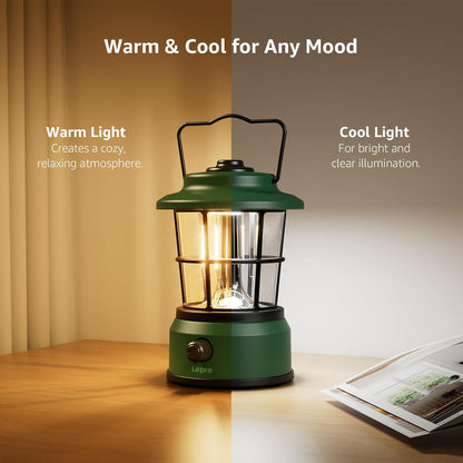 Lepro Rechargeable Camping Lantern, 300LM Retro Camping Tent Light with Knob Control, Dimmable Warm & Cool White, Type-C Charging, 3600mAh Portable Hanging Lamp for Power Cuts, Garden, Fishing, Green