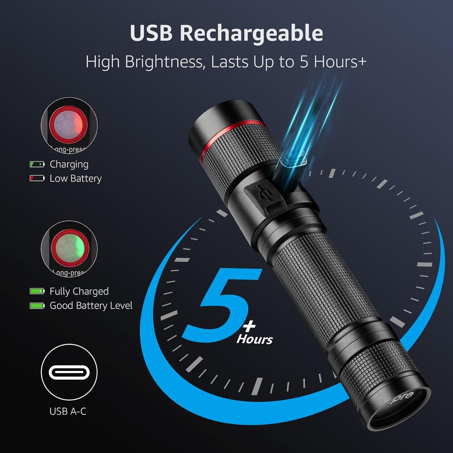 Lepro Rechargeable Torch, 2 Pack Super Bright LED Flashlight, 150m Beam, Long Battery Life, IPX4 Waterproof, 5 Modes, Adjustable Focus, Pocket Sized for Camping, Hiking, Power Cuts, Dog Walking