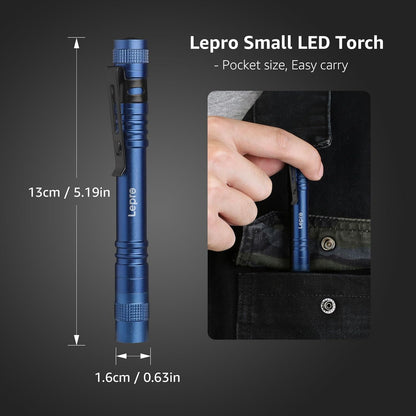 Lepro LED Torch Battery Powered, 2 Pack Pen Torch with Clip - Small Flightlight, 3 Modes, IP44 Waterproof for Inspection, Work, Repair and Nurses (Batteries Included), Blue