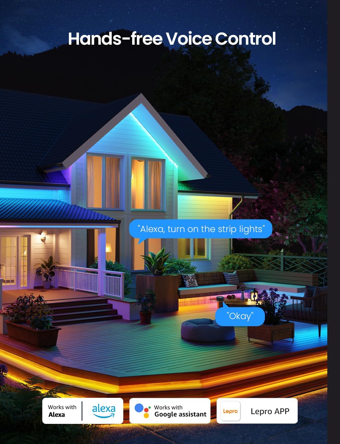 Lepro SW1 AI Smart Outdoor Lights 5M RGBW+IC, IP65 Waterproof LED Strip, Warm to Cool White, DIY Colour, Work with Alexa & Google Assistant, Music Sync, Timer, App & Voice Control