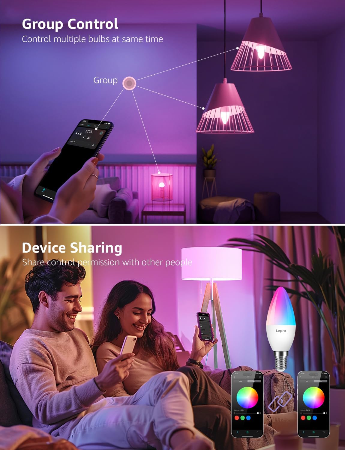 Lepro BC1 AI Smart Bulb E14, Music Sync Bluetooth & WiFi Bulb, Voice Control Small Screw Bulb, AI Lighting Design Assistant, Color Changing Candle Bulb, Work with Alexa & Google Assistant, 2 Packs