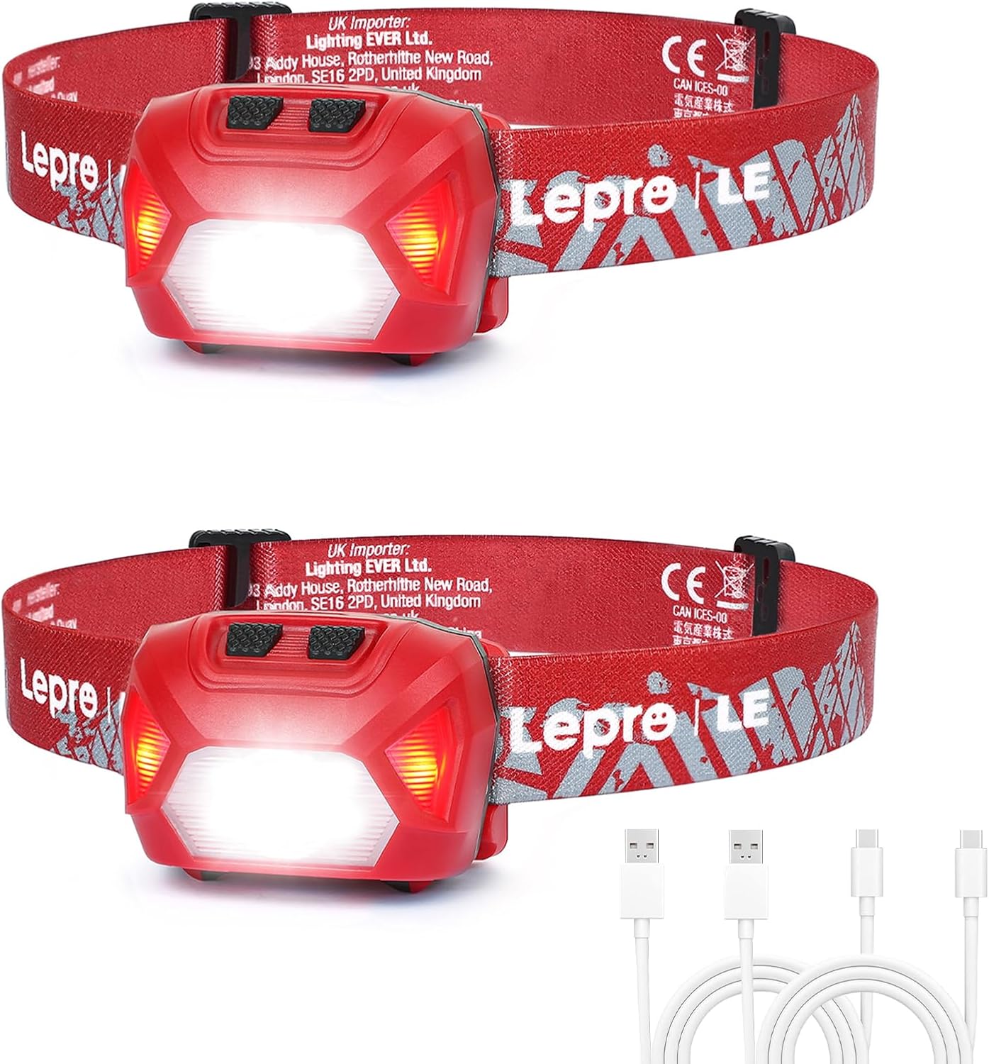 Lepro Head Torch Rechargeable, [2 Pack] 2000L Waterproof LED Headlamp with Red Warning Lights, 6 Lighting Modes, Long Runtime, Lightweight Headlight for Kids & Adults for Running Fishing Camping