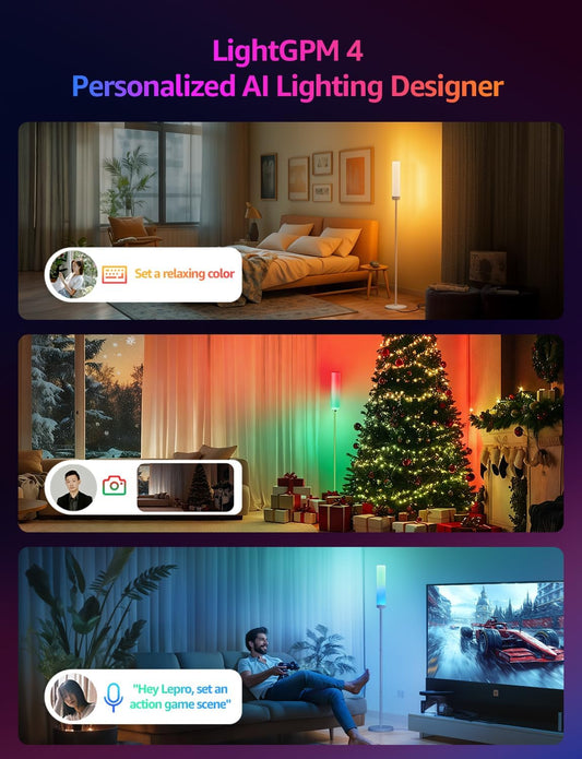 Lepro O1 AI Floor Lamp, Smart Standing Lamp with Music Sync, 2300 Lumen Corner Floor lamp for Living Room, Bedroom, RGB+CCT, AI Lighting Design Assistant, Works with Alexa, 2.4GHz WiFi, No Remote