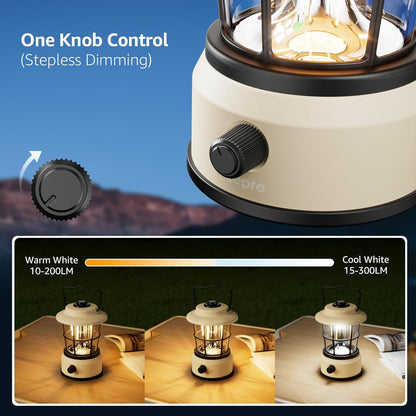 Lepro Rechargeable Camping Lantern, 300LM Retro Camping Tent Light with Knob Control, Dimmable Warm & Cool White, Type-C Charging, 3600mAh Portable Hanging Lamp for Power Cuts, Garden, Fishing, White