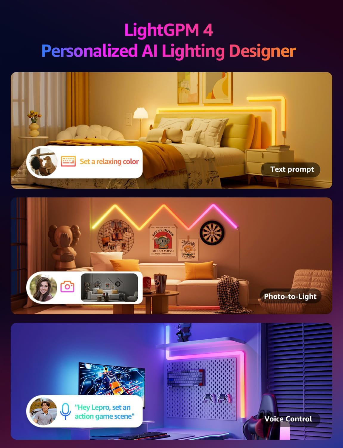 Lepro WL1 AI Smart Wall Light, Music Sync RGB Light Bar, Voice Control, AI Lighting Design Assistant, Mood Light for Home Decor, Gaming Light, Work with Alexa, Google Assistant,6 Pcs with 4 Corners