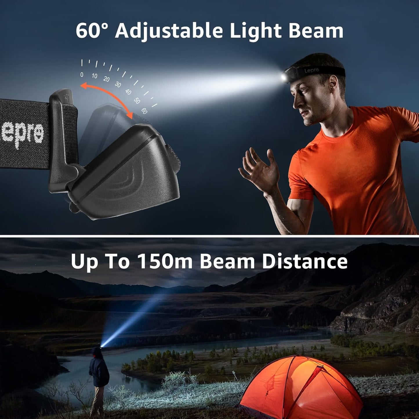Lepro Head Torch, Super Bright Led Rechargeable Headlamp with Motion Sensor, Long Runtime, 5 Lighting Modes, Red Warning Lights, Waterproof Lightweight Headlight for Running Camping