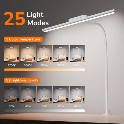 Lepro LED Desk Lamp with Clamp, Eye-Caring Desk Light, 750lm, 5 Brightness Levels & 5 Colour Modes, Flexible Office Lamp for Monitor, Reading, Crafts, Nails, School, Adapter Included, White [Energy Class F]