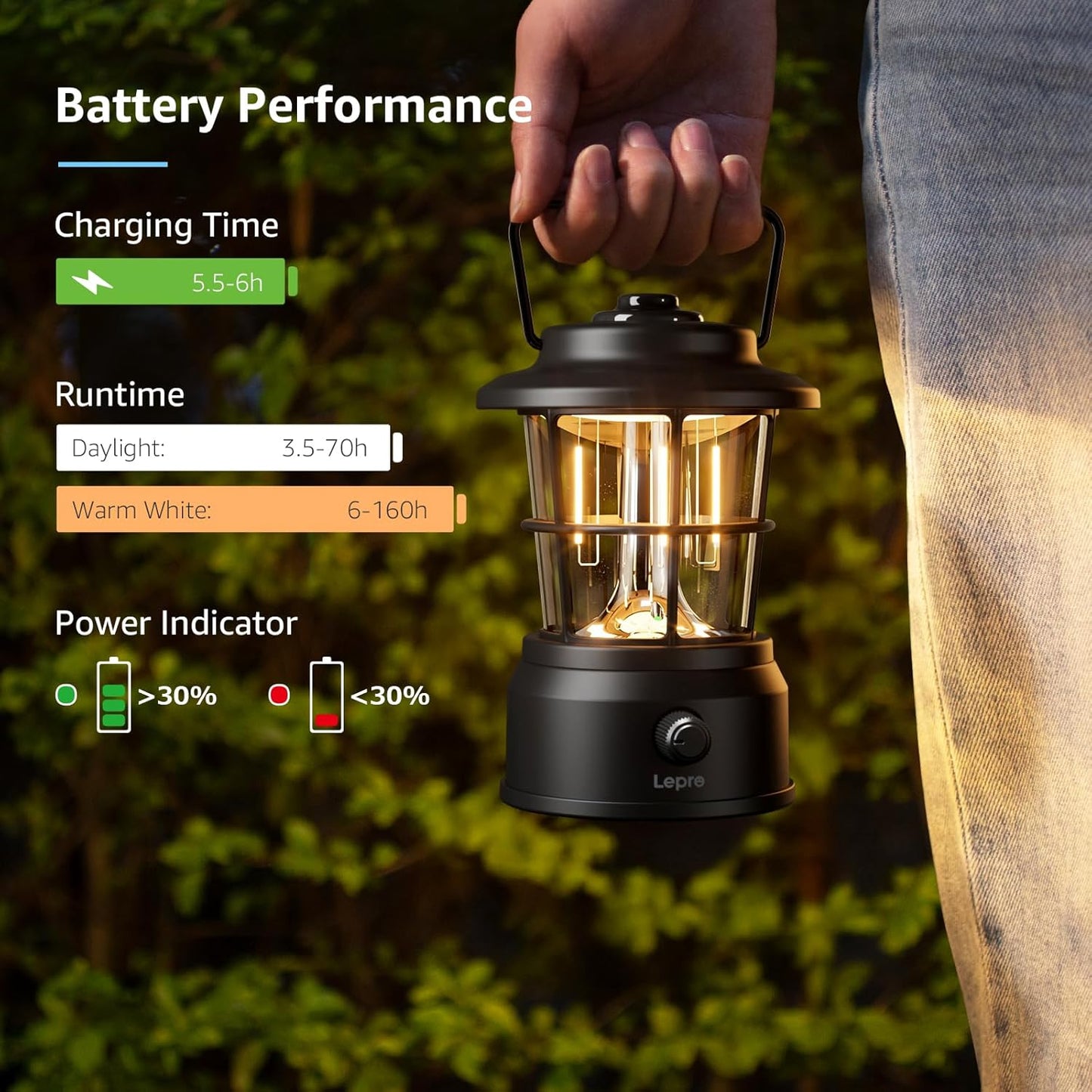 Lepro Rechargeable Camping Lantern, 300LM Retro Camping Tent Light with Knob Control, Dimmable Warm & Cool White, Type-C Charging, 3600mAh Portable Hanging Lamp for Power Cuts, Garden, Fishing, Black