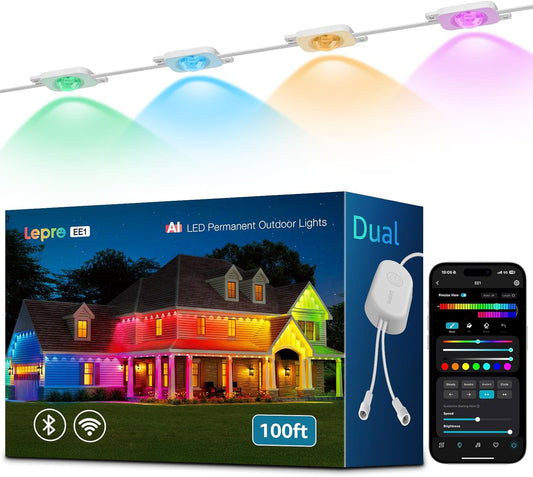 Lepro EE1 AI Permanent Outdoor Lights 30m, Smart Outdoor Christmas Lights Waterproof, Colour Changing Eaves Lighting 100ft, Personalized AI Lighting Designer, Works with Alexa, 2.4GHz WiFi, No Remote