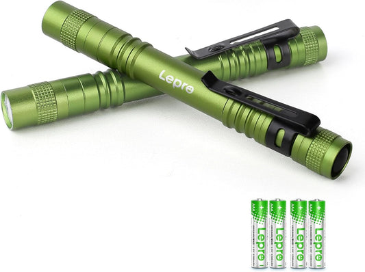 Lepro LED Torch Battery Powered, 2 Pack Pen Torch with Clip - Small Flightlight, 3 Modes, IP44 Waterproof for Camping, Emergencies, Repairs, Dog Walking, Power Cuts (Batteries Included), Green [Energy Class A]