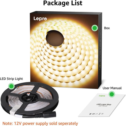 Lepro 5M Warm White LED Strip Without 12V Power Plug, 2300lm 3000K LED Tape, 300 2835 LEDs, Stick on LED Lights for Bedroom, Kitchen Cabinet, Under Cupboard, DIY and More