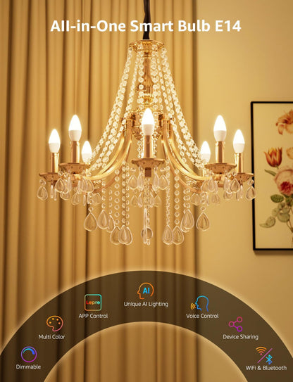 Lepro AI Smart Bulb E14, Music Sync Bluetooth & WiFi Bulb, Voice Control Screw Bulb, Personalized AI Lighting Designer, Color Changing Candle Bulb, Work with Alexa & Google Assistant