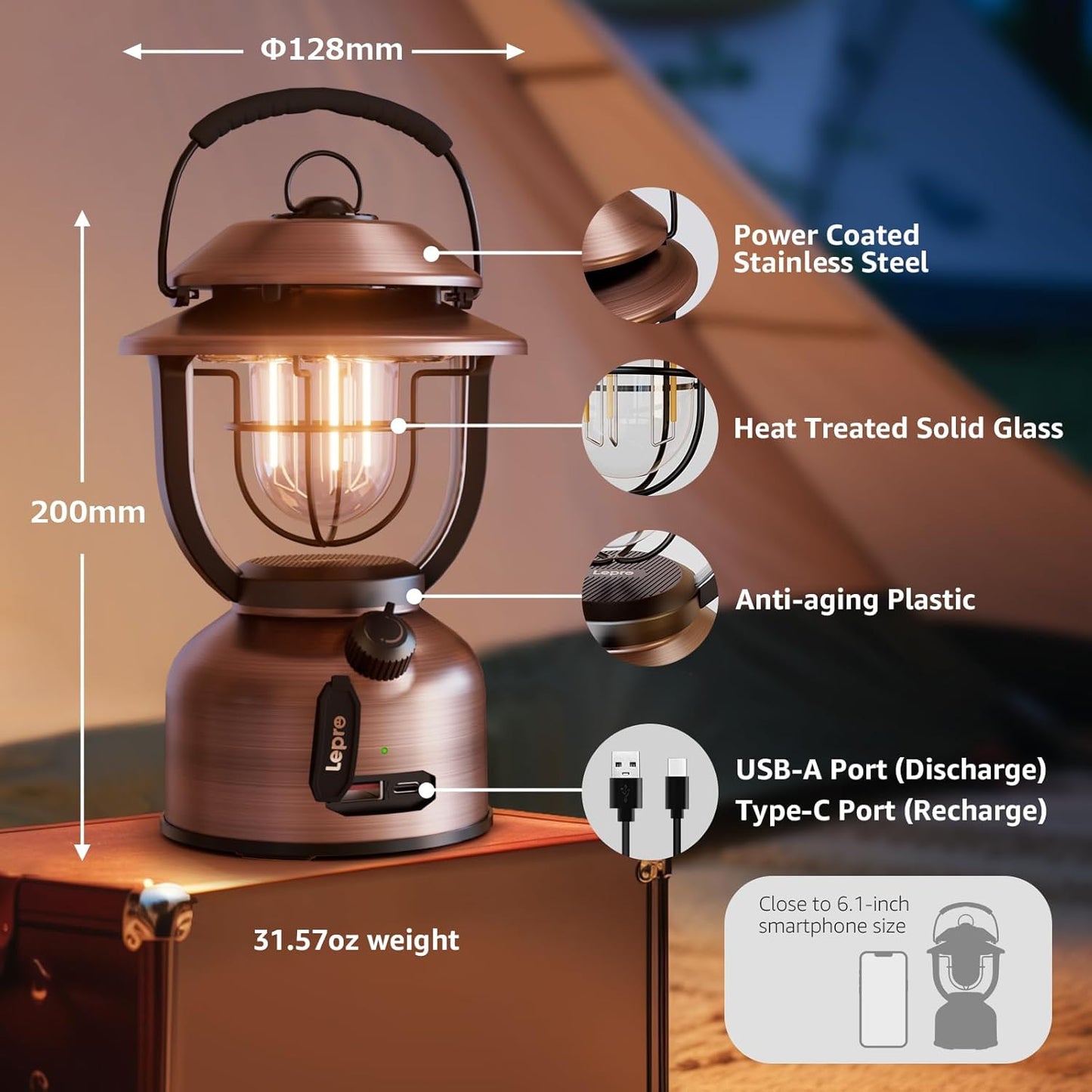 Lepro Retro Camping Lantern, Rechargeable Camping Light with 15000mAh Power Bank, Dimmable 1000 Lumen, Long Battery Life, Rechargeable Lantern for Camping Tent, Power Cuts, Storm, Type C Cable