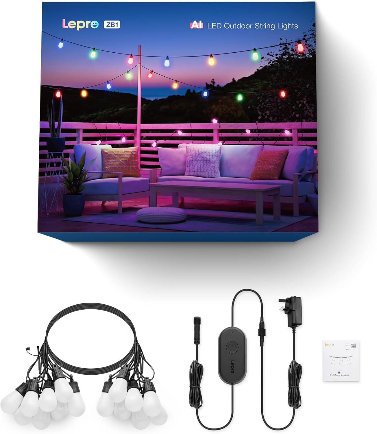 Lepro AI Smart Outdoor String Lights 15m, Festoon Lights Outdoor Waterproof IP65, Warm White & RGB Colour Changing, Personalized AI Lighting Designer, Works with Alexa & Google, 2.4G WiFi