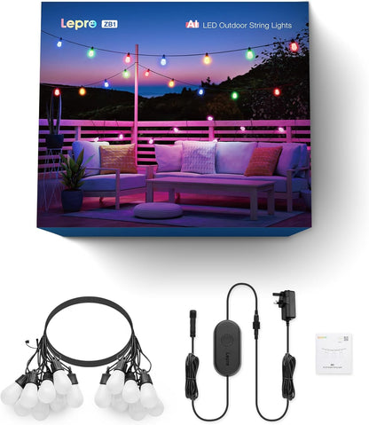 Lepro AI Smart Outdoor String Lights 15m, Festoon Lights Outdoor Waterproof IP65, Warm White & RGB Colour Changing, Personalized AI Lighting Designer, Works with Alexa & Google, 2.4G WiFi
