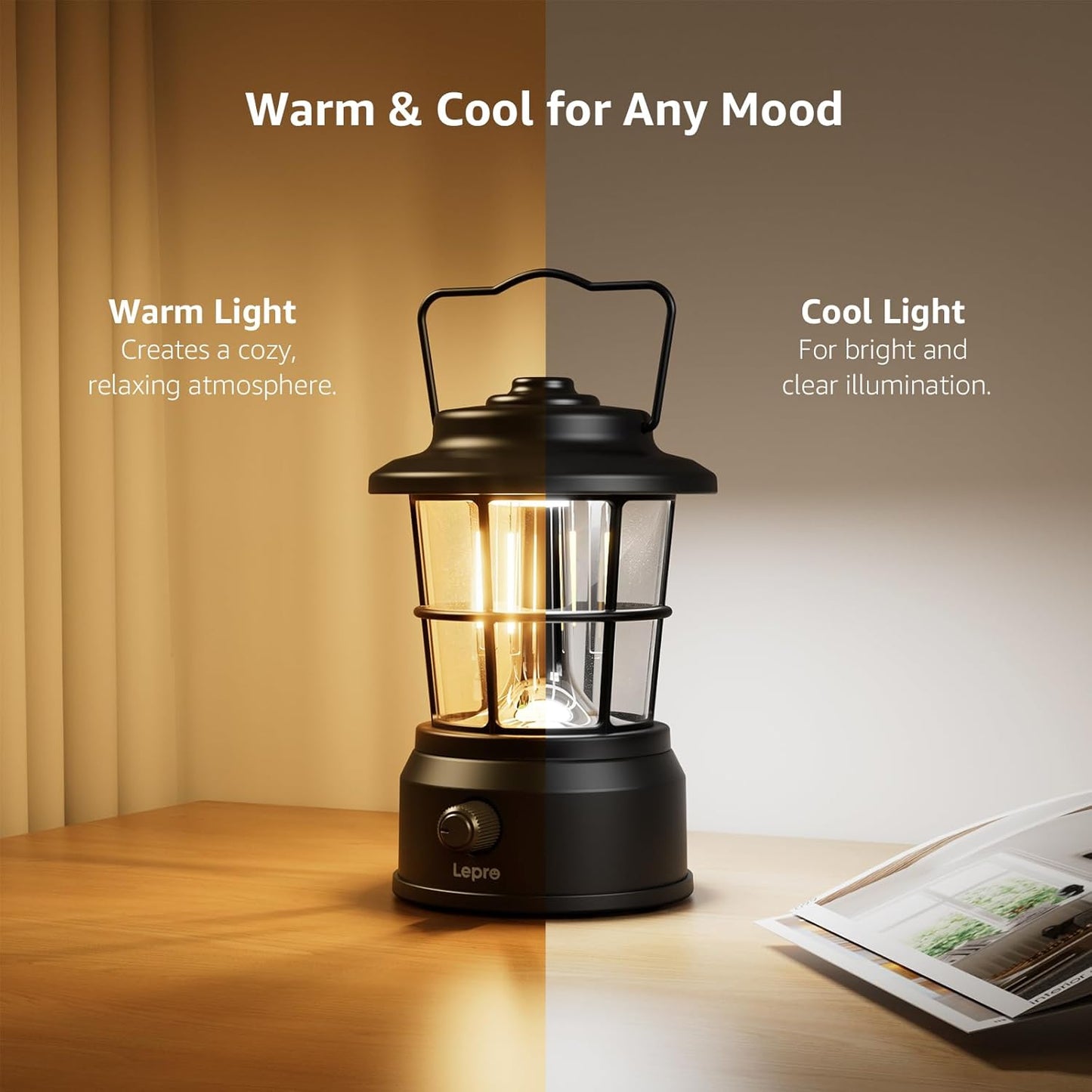 Lepro Rechargeable Camping Lantern, 300LM Retro Camping Tent Light with Knob Control, Dimmable Warm & Cool White, Type-C Charging, 3600mAh Portable Hanging Lamp for Power Cuts, Garden, Fishing, Black