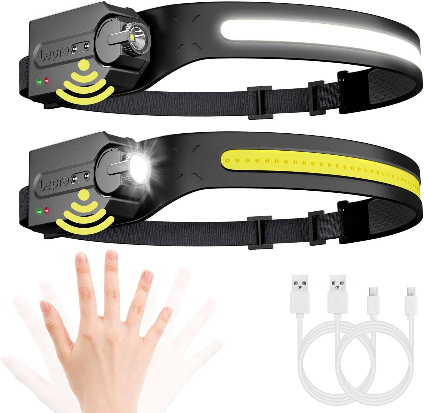 Lepro Led Head Torch Rechargeable, 2 Pack Super Bright Headlamp Flashlight 230¡«Wide Beam with Adjustable Spotlight, Motion Sensor, Waterproof Lightweight Headlight for Camping, Cycling, Running, Night