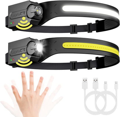 Lepro Led Head Torch Rechargeable, 2 Pack Super Bright Headlamp Flashlight 230¡«Wide Beam with Adjustable Spotlight, Motion Sensor, Waterproof Lightweight Headlight for Camping, Cycling, Running, Night