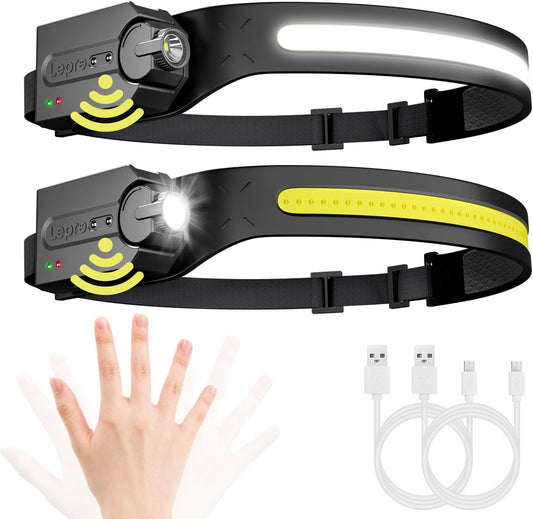 Lepro Led Head Torch Rechargeable, 2 Pack Super Bright Headlamp Flashlight 230¡«Wide Beam with Adjustable Spotlight, Motion Sensor, Waterproof Lightweight Headlight for Camping, Cycling, Running, Night