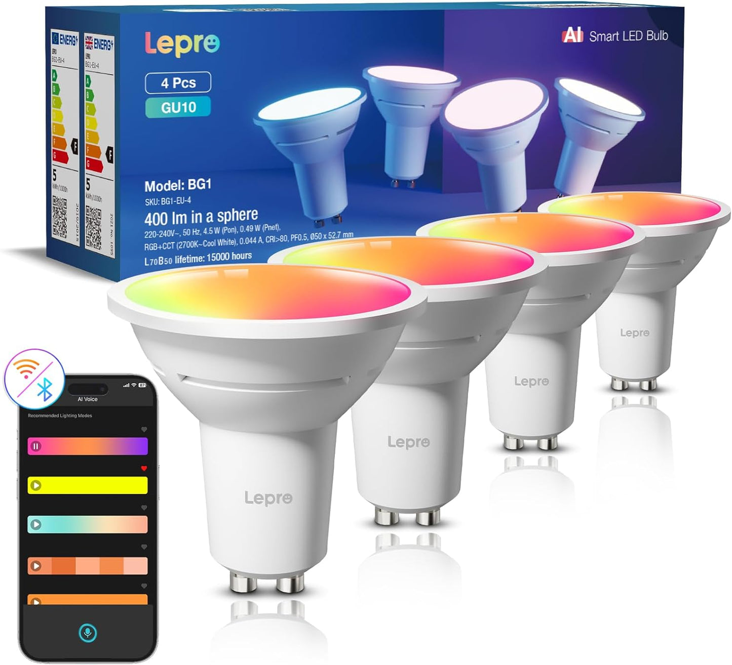 Lepro BG1 AI Smart Bulb GU10, Music Sync, Voice Control WiFi Bulbs, 400LM RGBCCT Dimmable Colour Changing LED Bulbs, Works with Alexa & Google Assistant, AI Lighting Design Assistant, 1 Pack