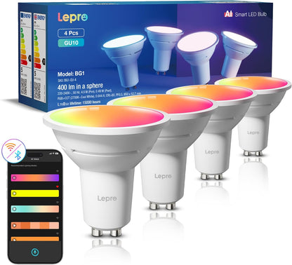 Lepro BG1 AI Smart Bulb GU10, Music Sync, Voice Control WiFi Bulbs, 400LM RGBCCT Dimmable Colour Changing LED Bulbs, Works with Alexa & Google Assistant, AI Lighting Design Assistant, 1 Pack