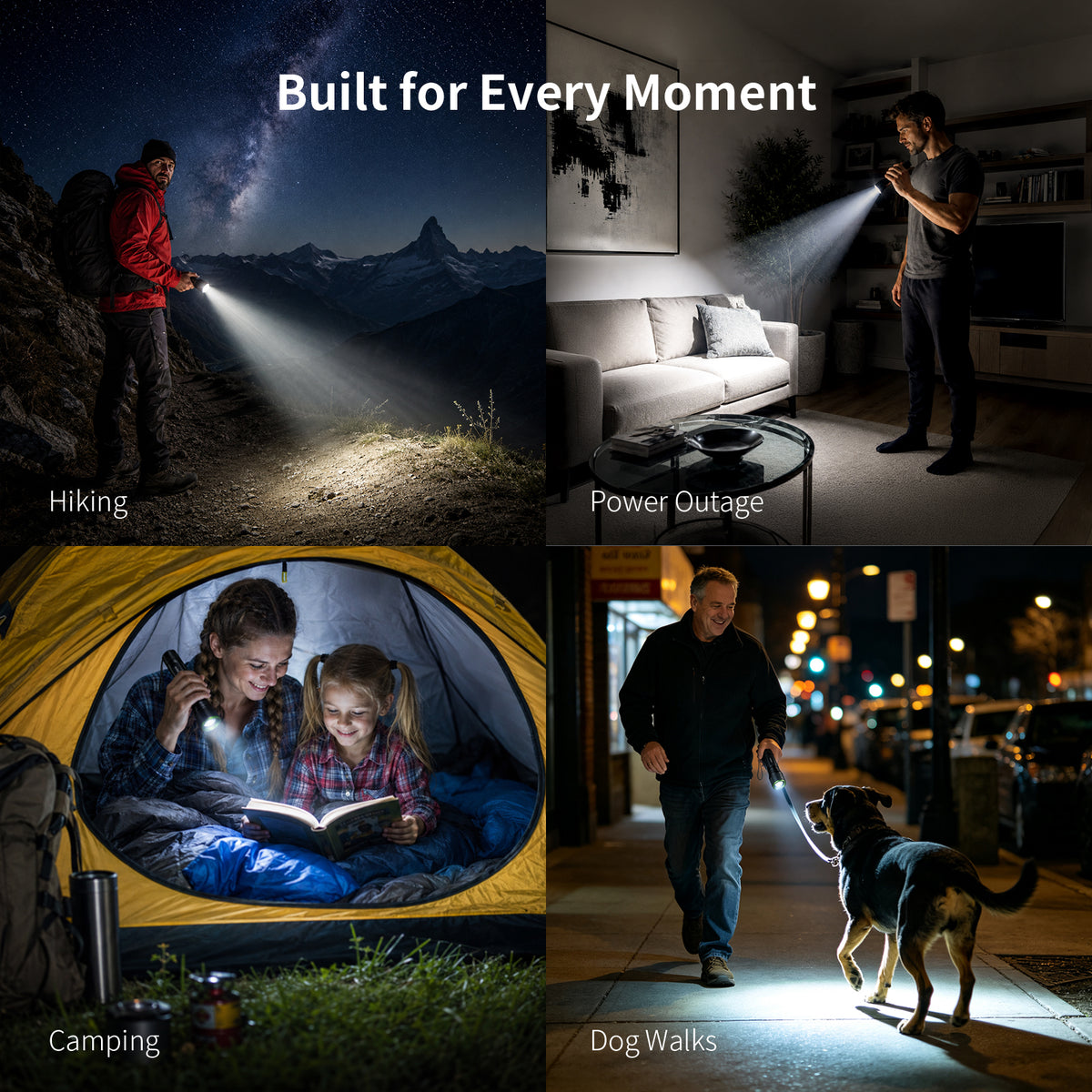 A four-panel collage showing a flashlight in use: hiking at night with mountains in the background, standing in a living room during a power outage, inside a tent with two people reading a book, and walking a dog on a sidewalk at night. White text at the top reads 'Built for Every Moment' with labels 'Hiking', 'Power Outage', 'Camping', and 'Dog Walks' below each panel.