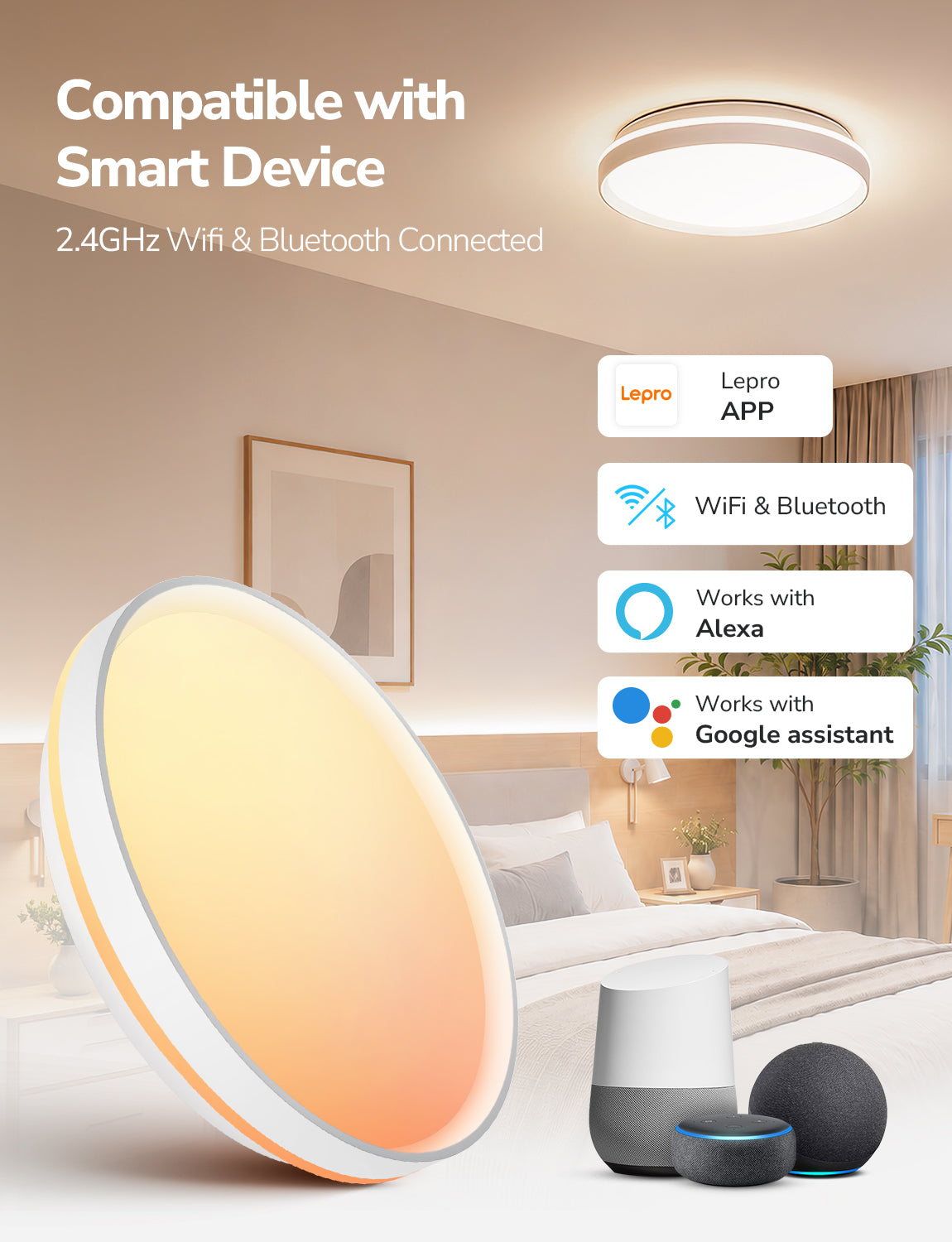 Lepro T1 AI Smart Ceiling Light 24W, Music Sync, AI Generated Lighting LLM, Voice Control, IP44 Waterproof Bathroom Light, Color Changing Ceiling Light WiFi, Work with Alexa Google Assistant, Ø29.4CM