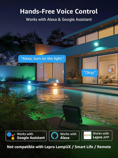 Lepro Led Flood Light Outdoor 50w, Colour Changing Floodlight App Control, 16M Colors DIY, LightGPM AI Mode, Music Sync, Voice Control with Alexa&Google, Timer, IP65 Waterproof for Outdoor Decoration