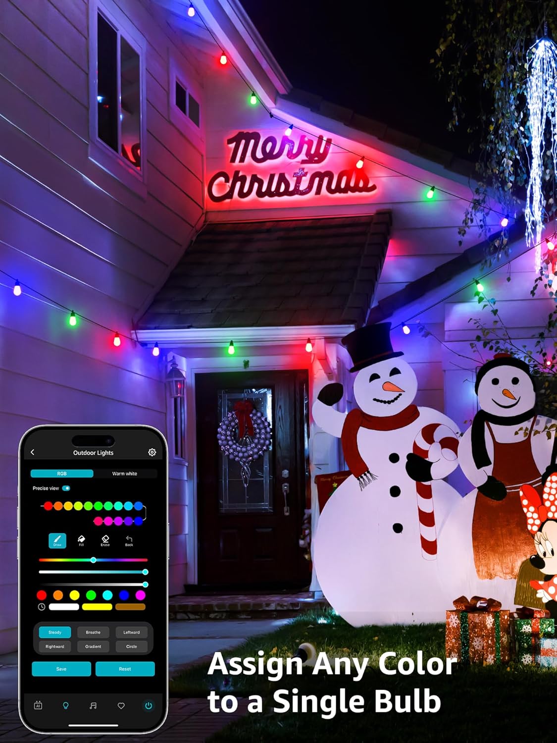 Lepro AI Smart Outdoor String Lights 15m, Festoon Lights Outdoor Waterproof IP65, Warm White & RGB Colour Changing, Personalized AI Lighting Designer, Works with Alexa & Google, 2.4G WiFi