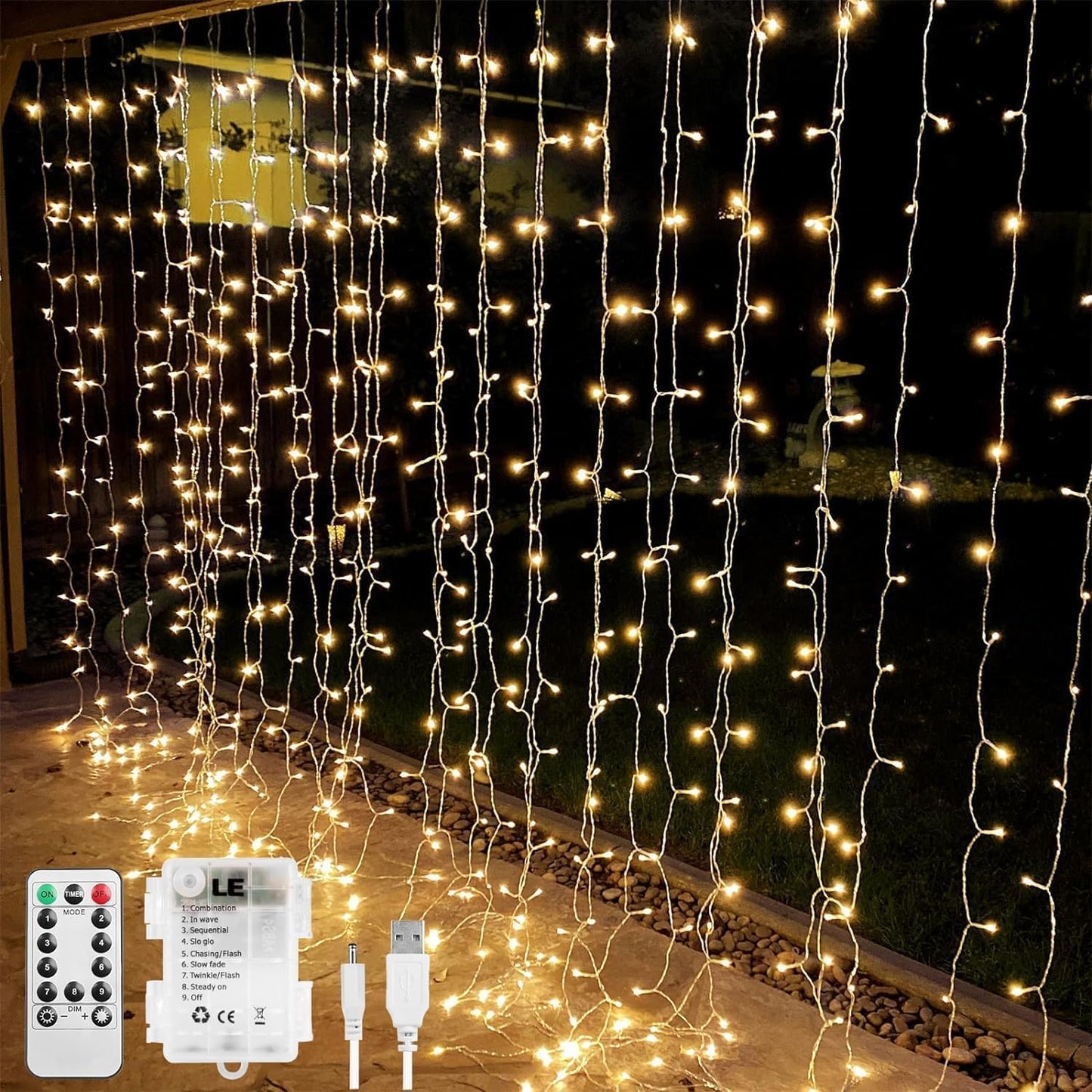 LE Curtain Lights Battery Powered, 3m x 3m 300 LED Warm White Fairy Curtain Lights, USB Powered 8 Modes Curtain Fairy Lights for Birthday Decorations, Wedding, Party, Garden, Bedroom, Remote Control