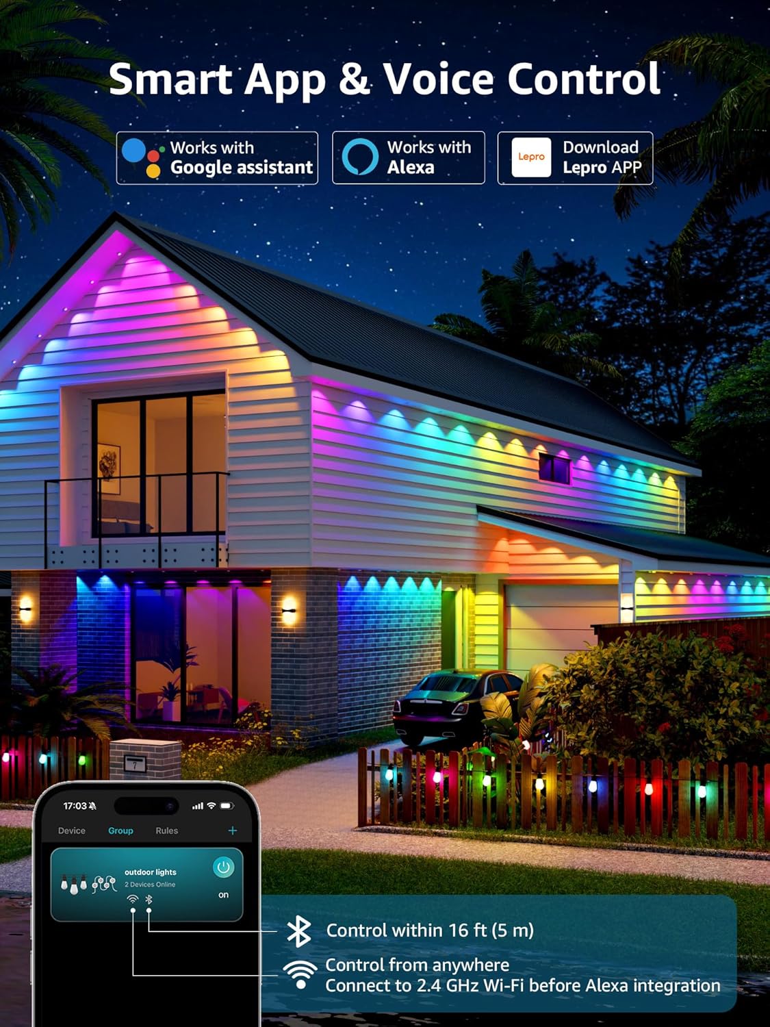 Lepro E1 AI Permanent Outdoor Lights 30m, Smart Outdoor Lights Waterproof, Tunable White, AI Lighting Design Assistant, Colour Changing Eaves Lights, Works with Alexa, 2.4G WiFi & Bluetooth, No Remote