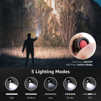 Lepro LED Torch with Clip, LE2050 Super Bright Flashlight, 5 Modes, Zoomable, Waterproof, Handheld, Lightweight, Powered AAA Battery, for Camping, Outdoor Indoor Emergency Use, Dog Walking, 2 Pack