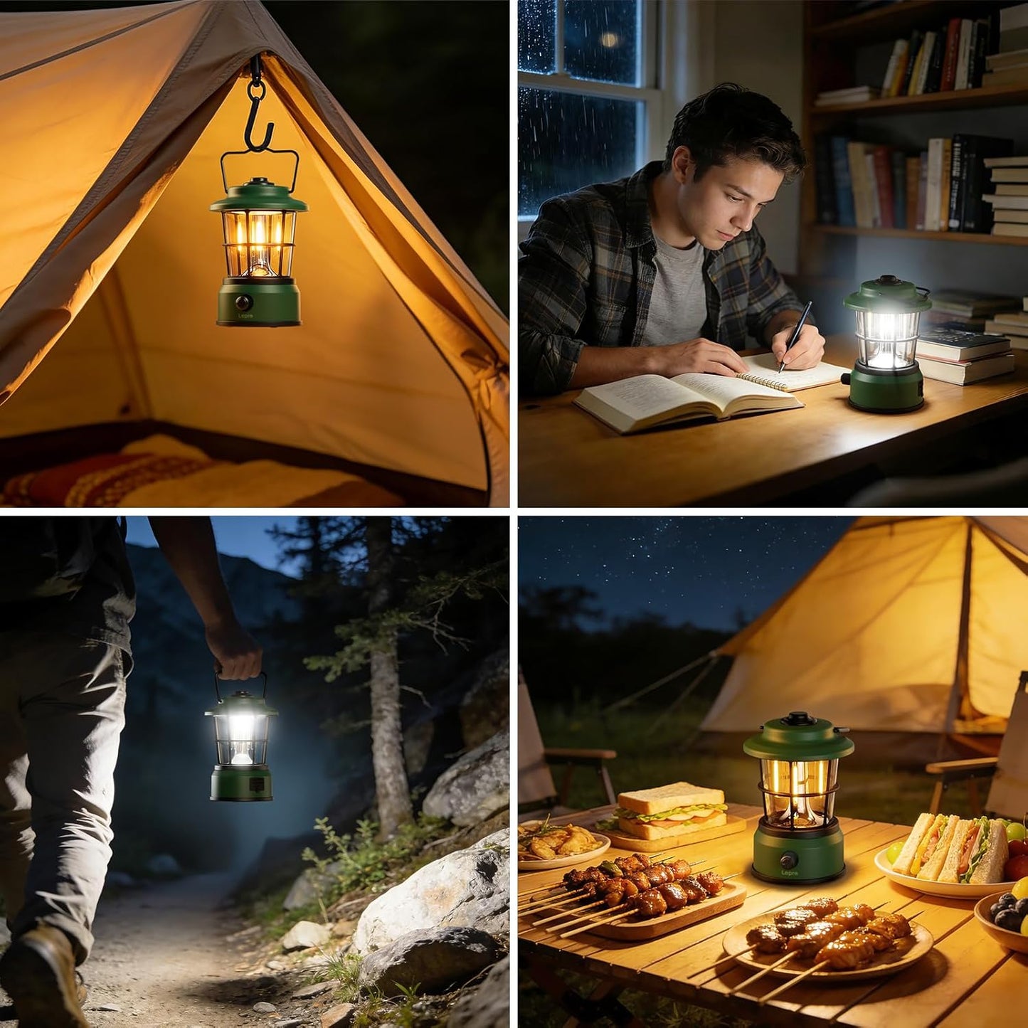 Lepro Rechargeable Camping Lantern, 300LM Retro Camping Tent Light with Knob Control, Dimmable Warm & Cool White, Type-C Charging, 3600mAh Portable Hanging Lamp for Power Cuts, Garden, Fishing, Green
