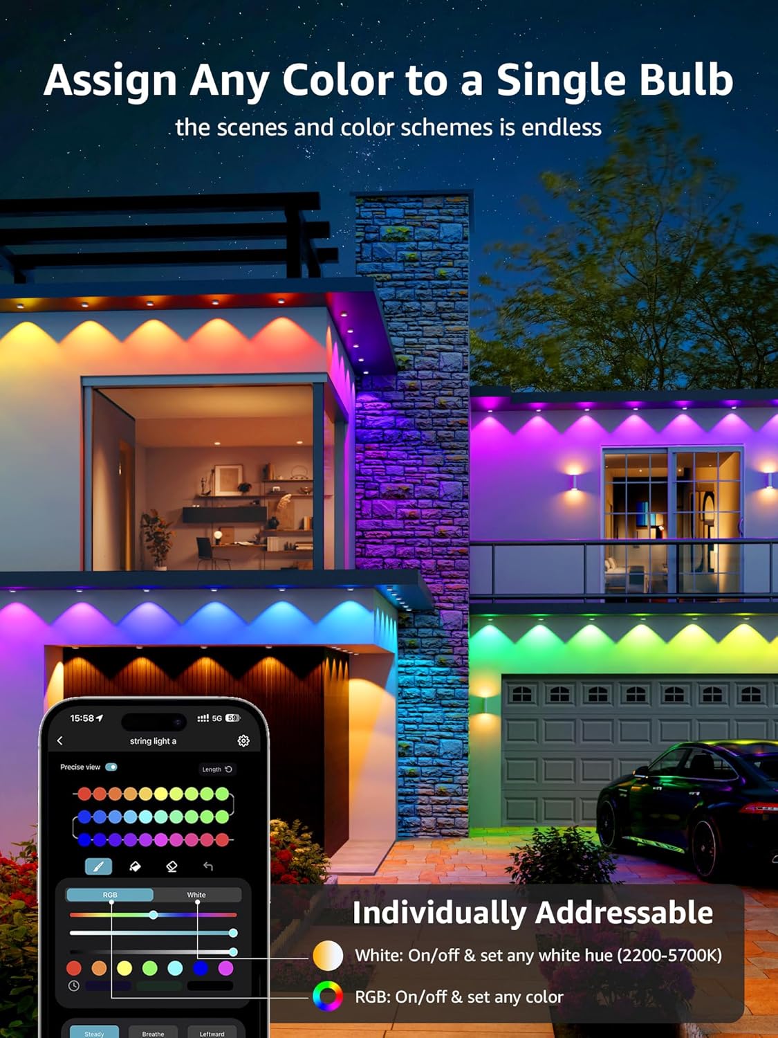 Lepro E1 AI Permanent Outdoor Lights 15m, Smart Outdoor Lights Waterproof, Tunable White, AI Lighting Design Assistant, Colour Changing Eaves Lights, Works with Alexa, 2.4G WiFi & Bluetooth, No Remote