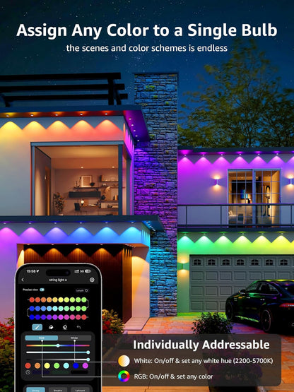 Lepro E1 AI Permanent Outdoor Lights 15m, Smart Outdoor Lights Waterproof, Tunable White, AI Lighting Design Assistant, Colour Changing Eaves Lights, Works with Alexa, 2.4G WiFi & Bluetooth, No Remote