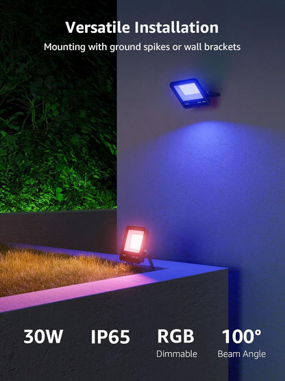 Lepro Led Flood Light Outdoor 30w, Colour Changing Floodlight App Control, 16M Colors DIY, LightGPM AI Mode, Music Sync, Voice Control with Alexa&Google, Timer, IP65 Waterproof for Outdoor Decoration
