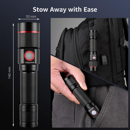 Lepro LED Torch Rechargeable, Super Bright Adjustable Focus Flashlight, 5 Modes, IPX4 Waterproof, Long Battery Life Small Pocket Torch for for Camping, Hiking, Power Cuts, Dog Walking