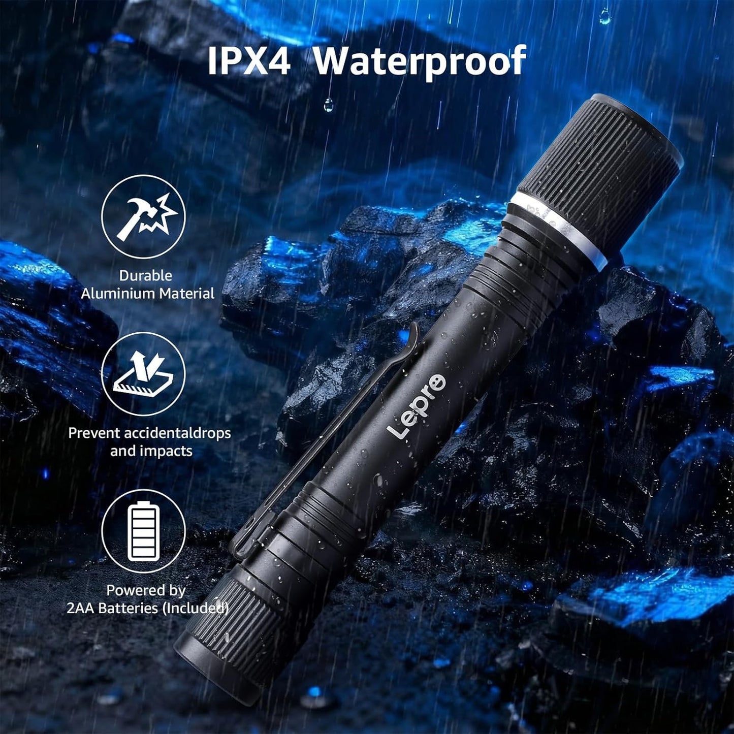 Lepro Torch Battery Powered, Small Bright LED Flashlight with Clip, 3 Modes, IPX4 Waterproof, Anti-Slip Aluminum Body for Camping, Emergency, Dog Walking and Power Cut, Batteries Included [Energy Class A+]