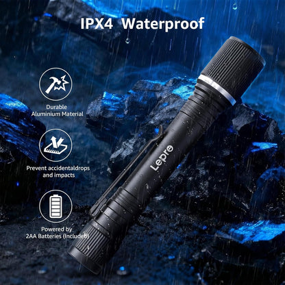 Lepro Torch Battery Powered, Small Bright LED Flashlight with Clip, 3 Modes, IPX4 Waterproof, Anti-Slip Aluminum Body for Camping, Emergency, Dog Walking and Power Cut, Batteries Included [Energy Class A+]