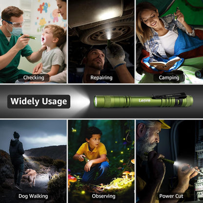 Lepro LED Torch Battery Powered, 2 Pack Pen Torch with Clip - Small Flightlight, 3 Modes, IP44 Waterproof for Camping, Emergencies, Repairs, Dog Walking, Power Cuts (Batteries Included), Green [Energy Class A]