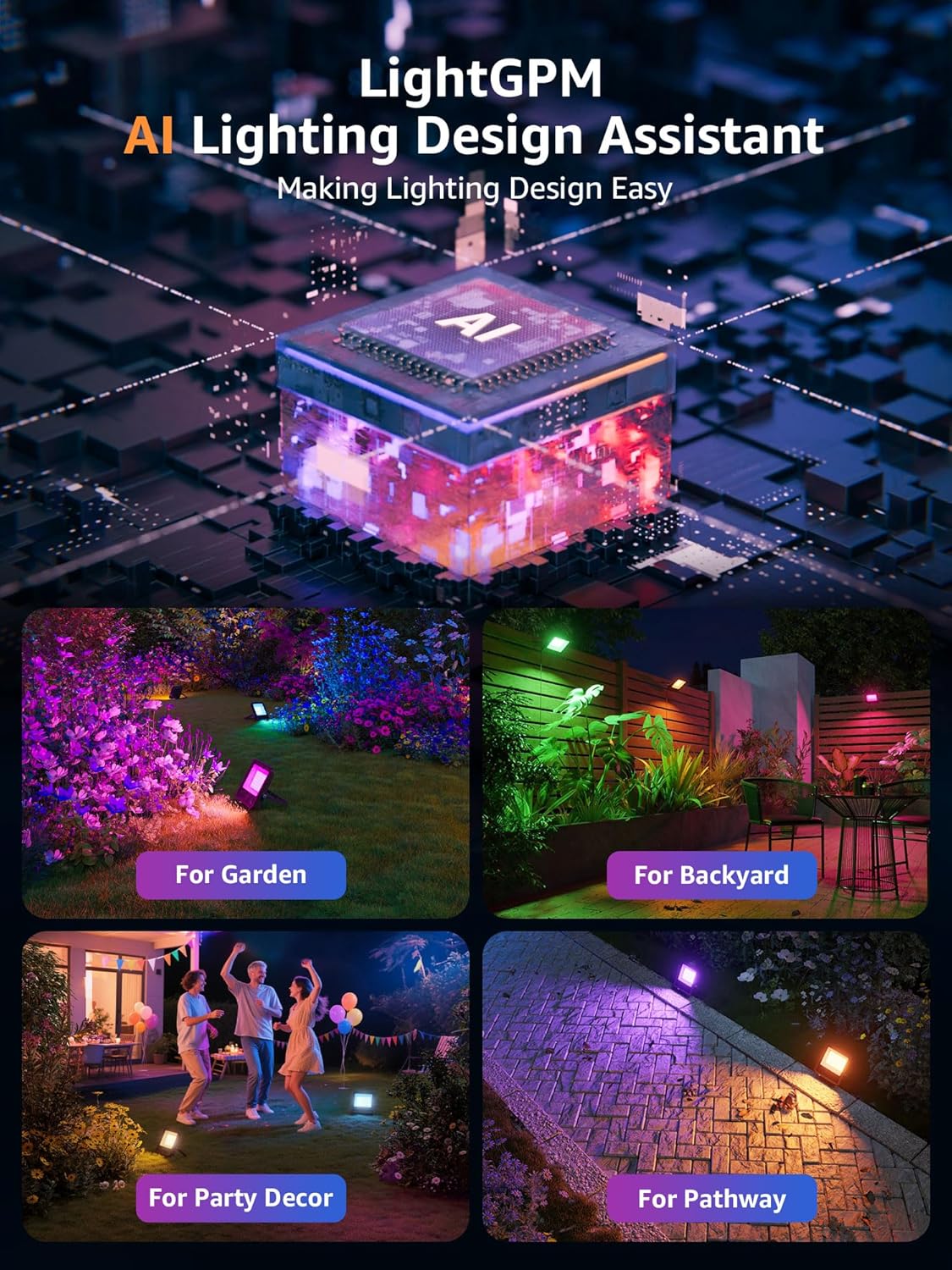 Lepro Led Flood Light Outdoor 30w, Colour Changing Floodlight App Control, 16M Colors DIY, LightGPM AI Mode, Music Sync, Voice Control with Alexa&Google, Timer, IP65 Waterproof for Outdoor Decoration