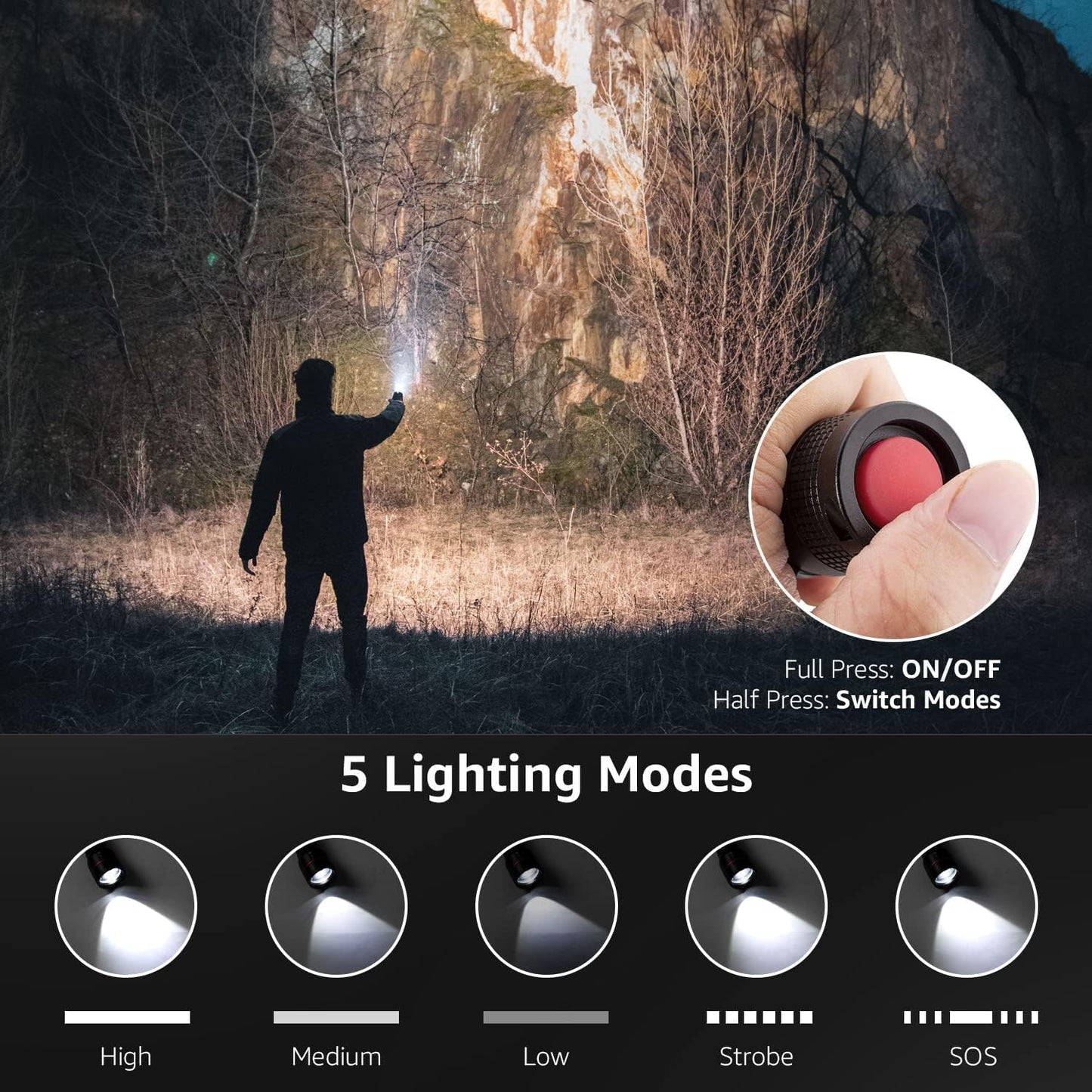 Lepro LED Torch, LE 2000 Super Bright Flashlight, Powered by AAA or 18650 Rechargeable Battery, Water Resistant, 5 Modes, Zoomable, Small Handheld Torch for Camping, Dog Walking, Running, Emergency