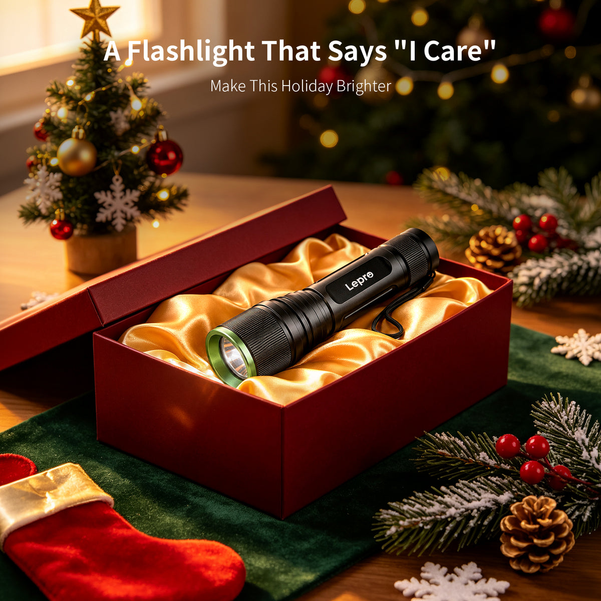 A black Lepro flashlight with a green accent ring rests inside an open red gift box lined with gold satin, surrounded by Christmas decorations including a tree, stockings, pinecones, and evergreen branches. Text at the top reads, 'A Flashlight That Says "I Care" Make This Holiday Brighter'.