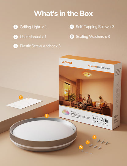 Lepro T1 AI Smart Ceiling Light 24W, Music Sync, AI Generated Lighting LLM, Voice Control, IP44 Waterproof Bathroom Light, Color Changing Ceiling Light WiFi, Work with Alexa Google Assistant, Ø29.4CM