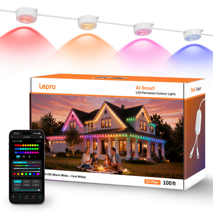 Lepro E1 Plus AI-Powered Permanent Outdoor Lights (Tunable White + RGBIC, Cuttable,  IP67 Waterproof, Works with Alexa & Google Assistant,Dual Output)